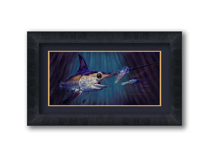 A painting of a swordfish in pursuit of its prey, a shoal of squid, deep in the dark waters of the ocean. Printed on paper, matted, and framed.