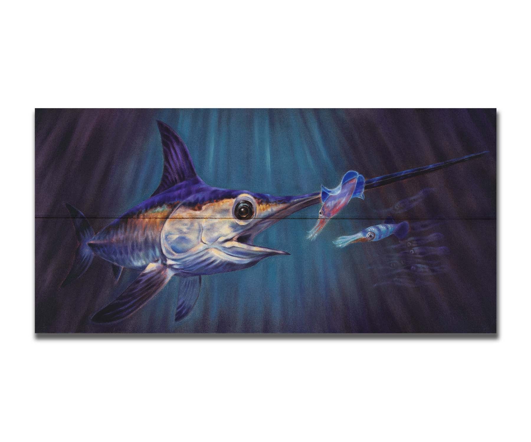 A painting of a swordfish in pursuit of its prey, a shoal of squid, deep in the dark waters of the ocean. Printed on a box board.