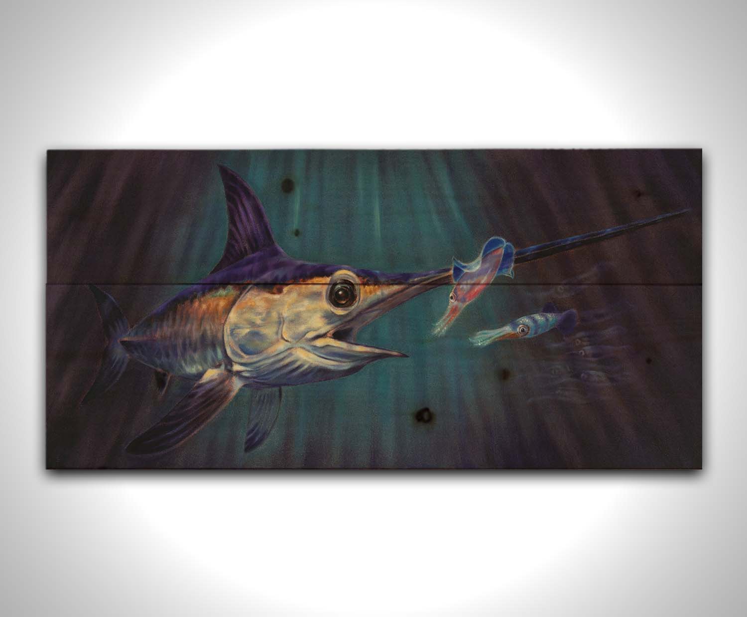 A painting of a swordfish in pursuit of its prey, a shoal of squid, deep in the dark waters of the ocean. Printed on a wood pallet.