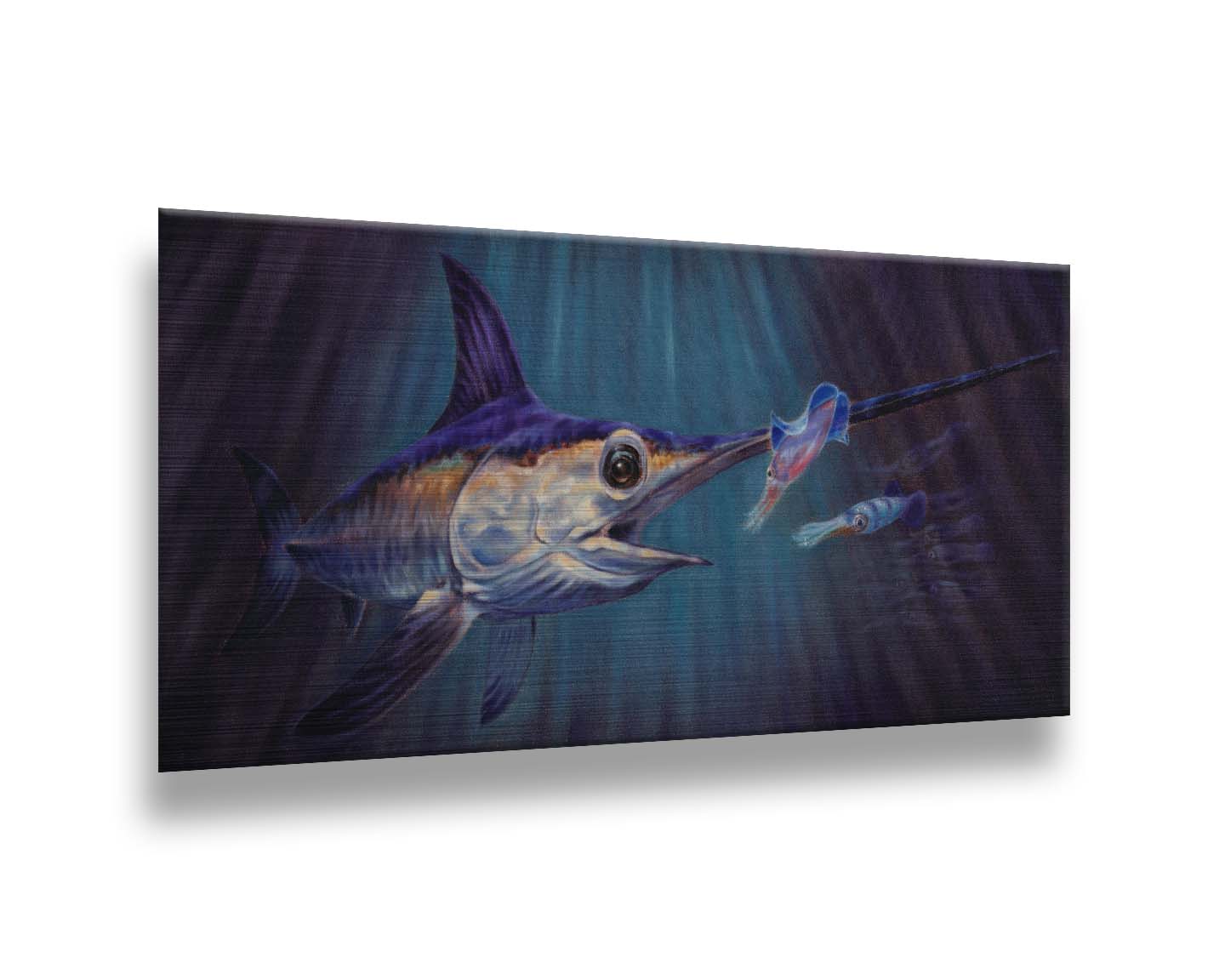 A painting of a swordfish in pursuit of its prey, a shoal of squid, deep in the dark waters of the ocean. Printed on metal.