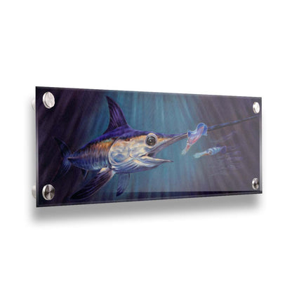 A painting of a swordfish in pursuit of its prey, a shoal of squid, deep in the dark waters of the ocean. Printed on acrylic.