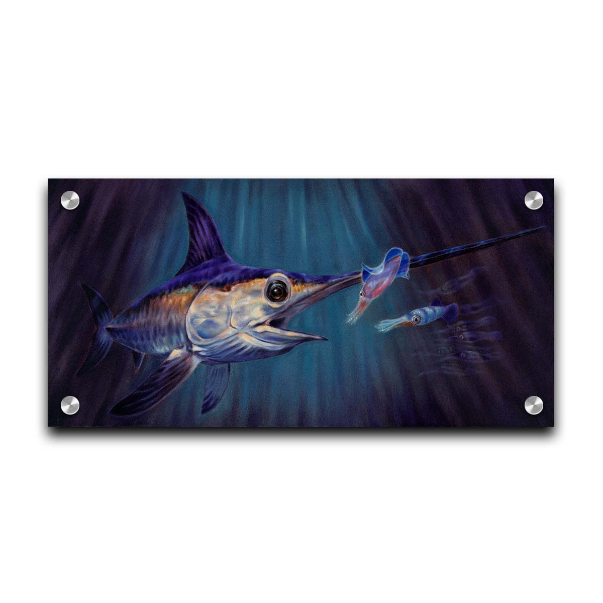 A painting of a swordfish in pursuit of its prey, a shoal of squid, deep in the dark waters of the ocean. Printed on acrylic.