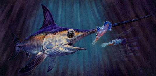 A painting of a swordfish in pursuit of its prey, a shoal of squid, deep in the dark waters of the ocean.
