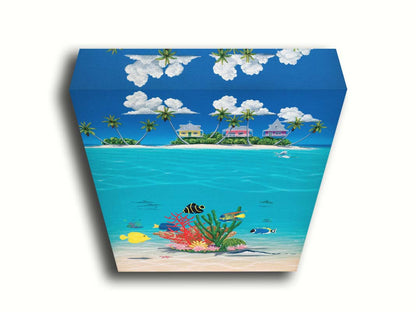 A vibrant painting of an island ocean scene. Three homes sit on an island in the background, while the foreground shows tangs, angelfish, dolphins, starfish, sea turtles, and more beneath the waves alongside corals. Printed on canvas.