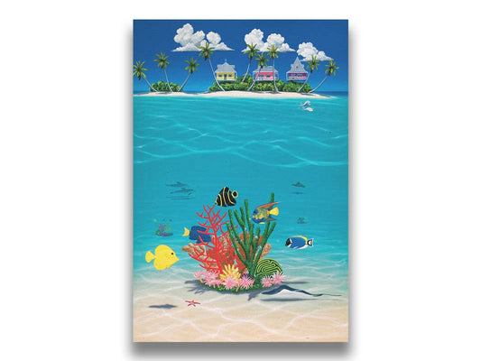 A vibrant painting of an island ocean scene. Three homes sit on an island in the background, while the foreground shows tangs, angelfish, dolphins, starfish, sea turtles, and more beneath the waves alongside corals. Printed on canvas.