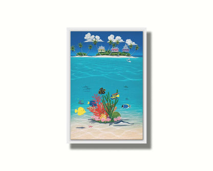 A vibrant painting of an island ocean scene. Three homes sit on an island in the background, while the foreground shows tangs, angelfish, dolphins, starfish, sea turtles, and more beneath the waves alongside corals. Printed on canvas in a float frame.