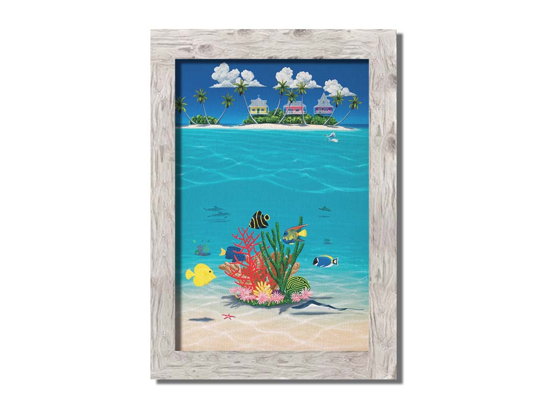 A vibrant painting of an island ocean scene. Three homes sit on an island in the background, while the foreground shows tangs, angelfish, dolphins, starfish, sea turtles, and more beneath the waves alongside corals. Printed on canvas and framed.