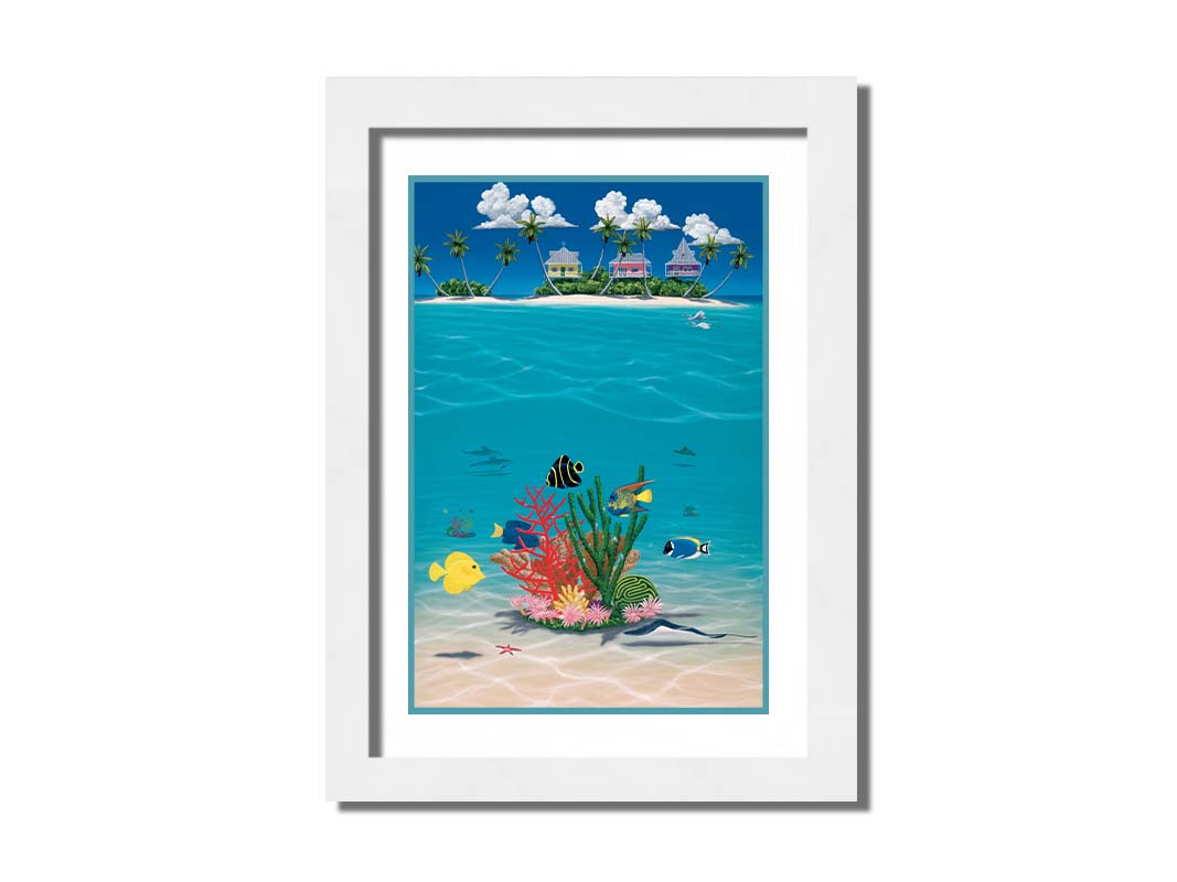 A vibrant painting of an island ocean scene. Three homes sit on an island in the background, while the foreground shows tangs, angelfish, dolphins, starfish, sea turtles, and more beneath the waves alongside corals. Printed on paper, matted, and framed.