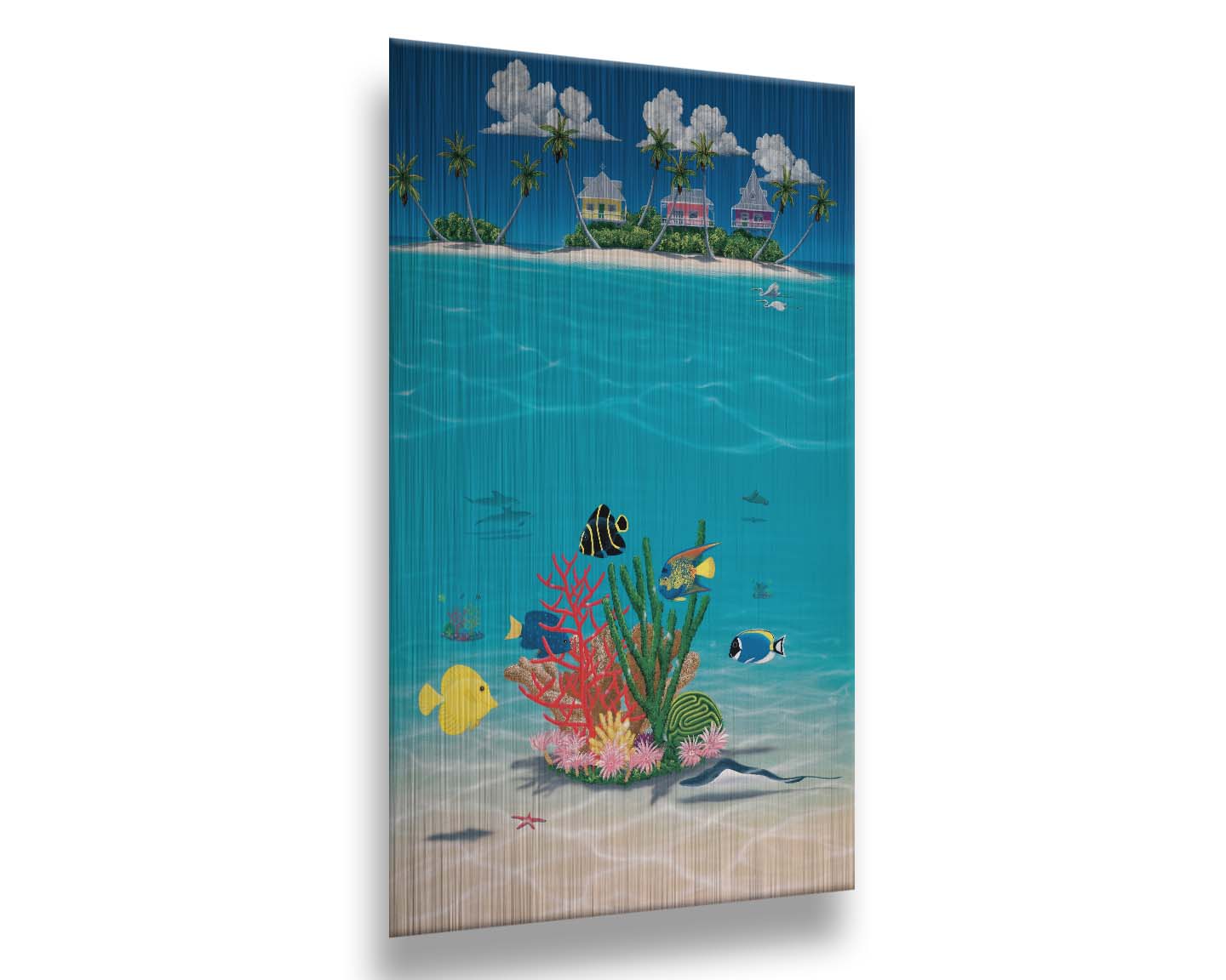 A vibrant painting of an island ocean scene. Three homes sit on an island in the background, while the foreground shows tangs, angelfish, dolphins, starfish, sea turtles, and more beneath the waves alongside corals. Printed on metal.