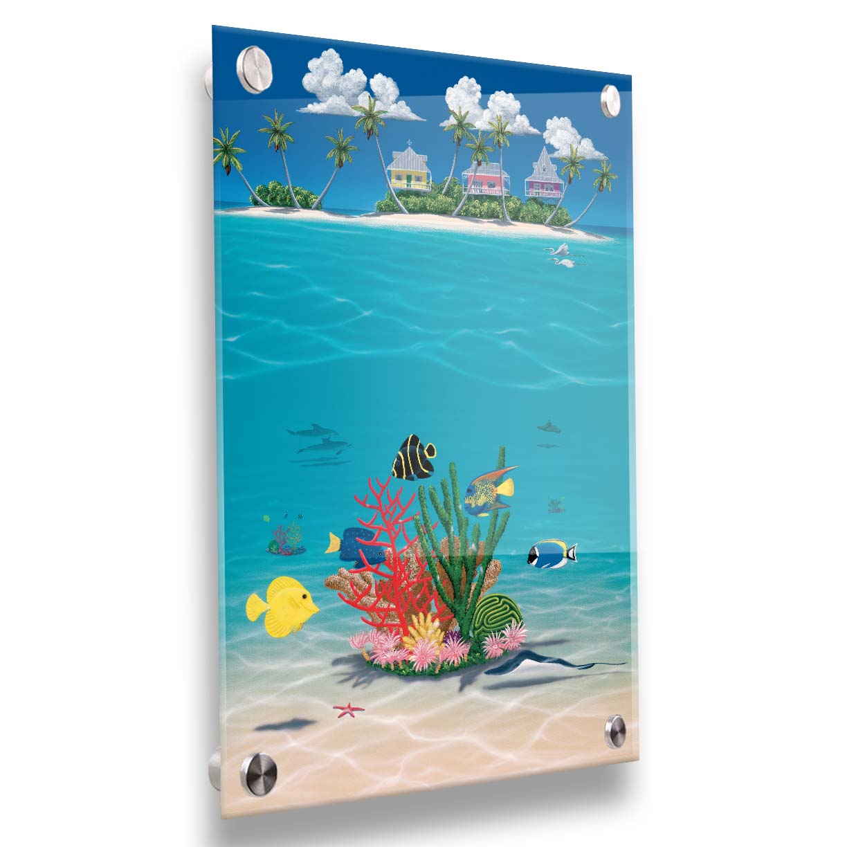 A vibrant painting of an island ocean scene. Three homes sit on an island in the background, while the foreground shows tangs, angelfish, dolphins, starfish, sea turtles, and more beneath the waves alongside corals. Printed on acrylic.