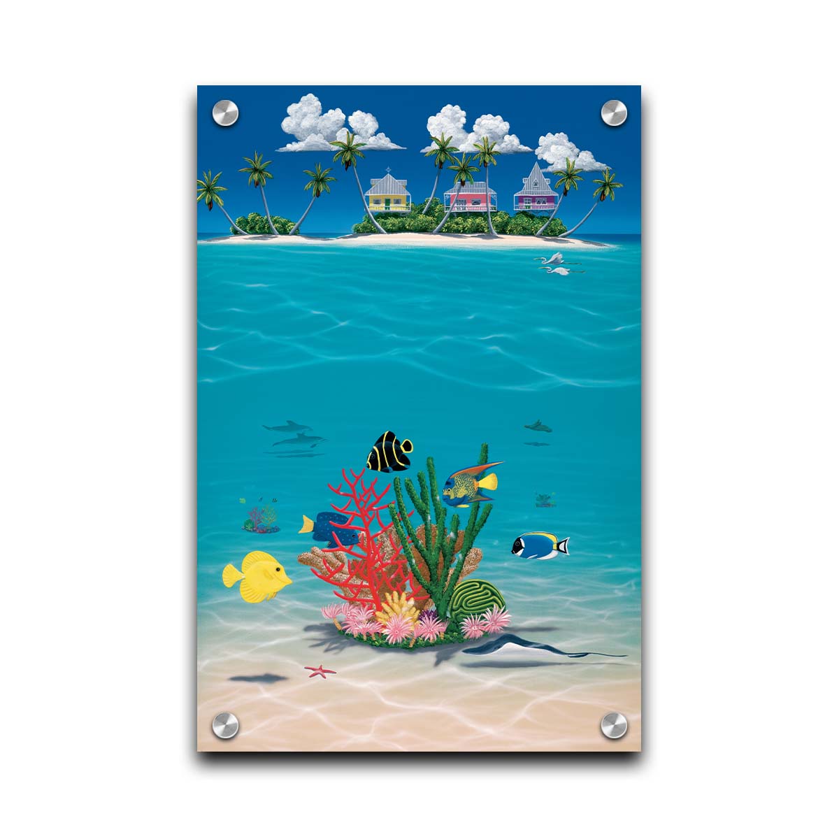 A vibrant painting of an island ocean scene. Three homes sit on an island in the background, while the foreground shows tangs, angelfish, dolphins, starfish, sea turtles, and more beneath the waves alongside corals. Printed on acrylic.