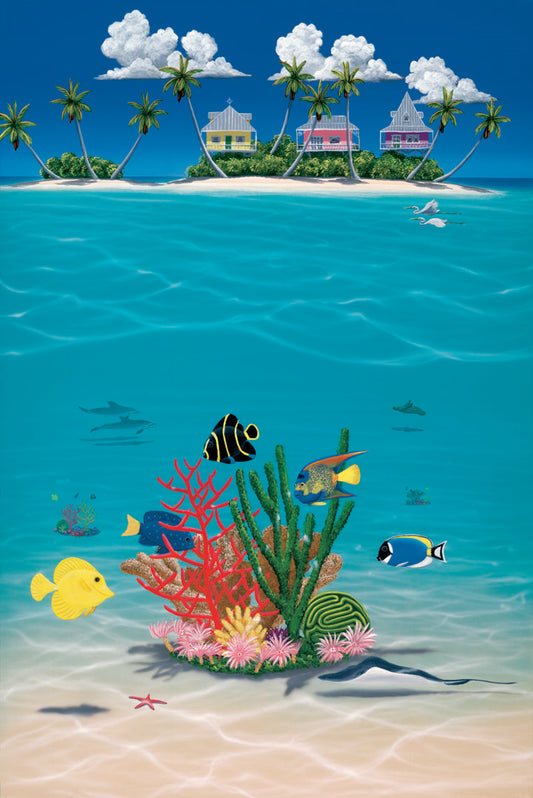 A vibrant painting of an island ocean scene. Three homes sit on an island in the background, while the foreground shows tangs, angelfish, dolphins, starfish, sea turtles, and more beneath the waves alongside corals. 
