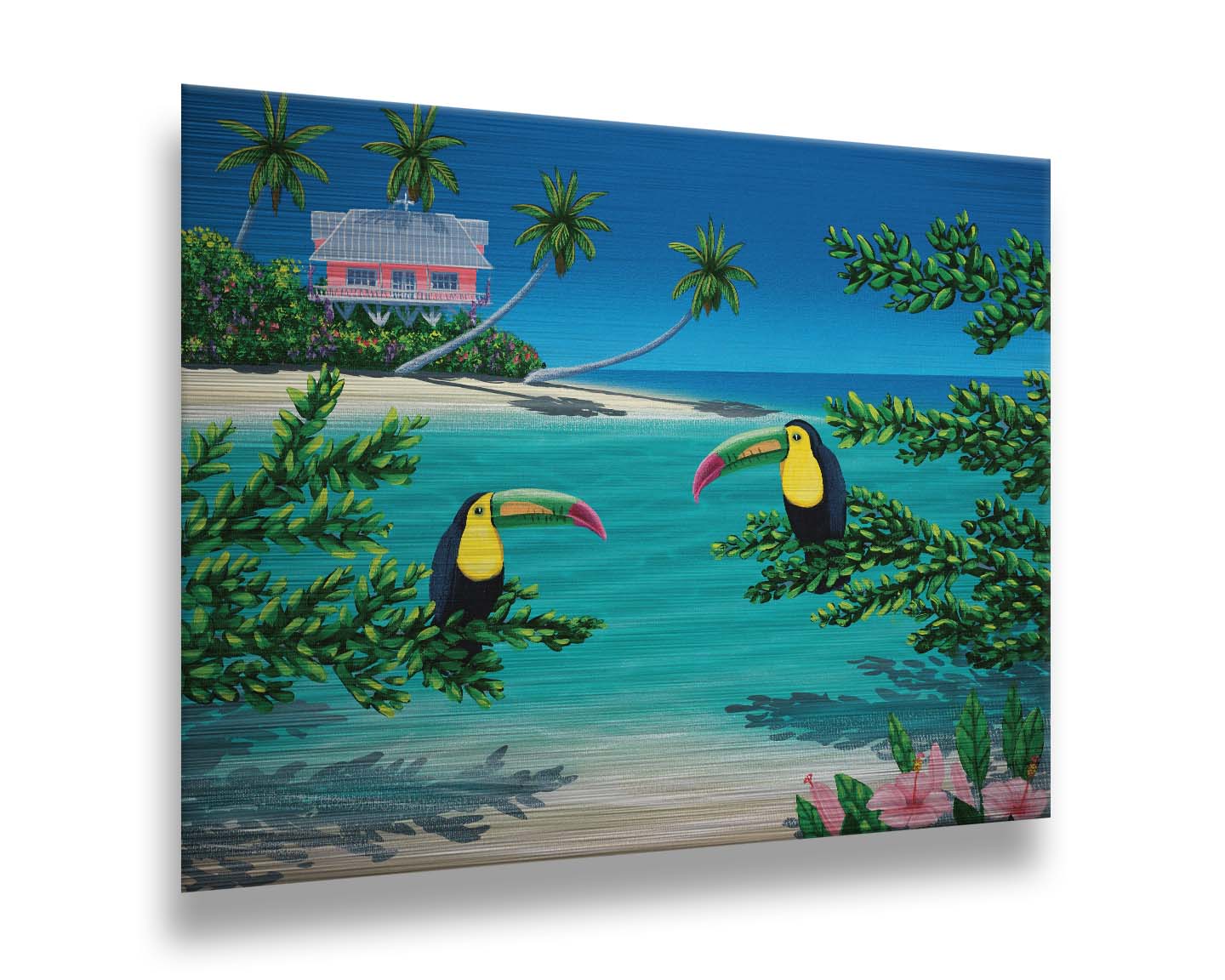 A vibrant painting of an island beach scene, featuring two toucans perched on plants in the foreground, and a bright house on stilt foundations in the background. Printed on metal.