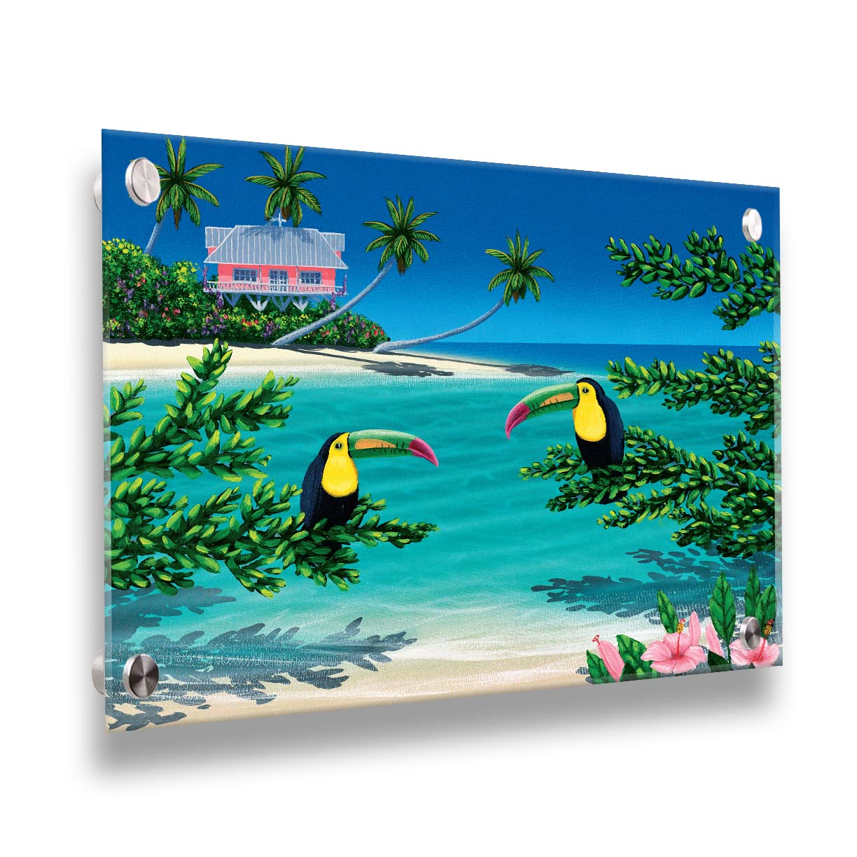 A vibrant painting of an island beach scene, featuring two toucans perched on plants in the foreground, and a bright house on stilt foundations in the background. Printed on acrylic.