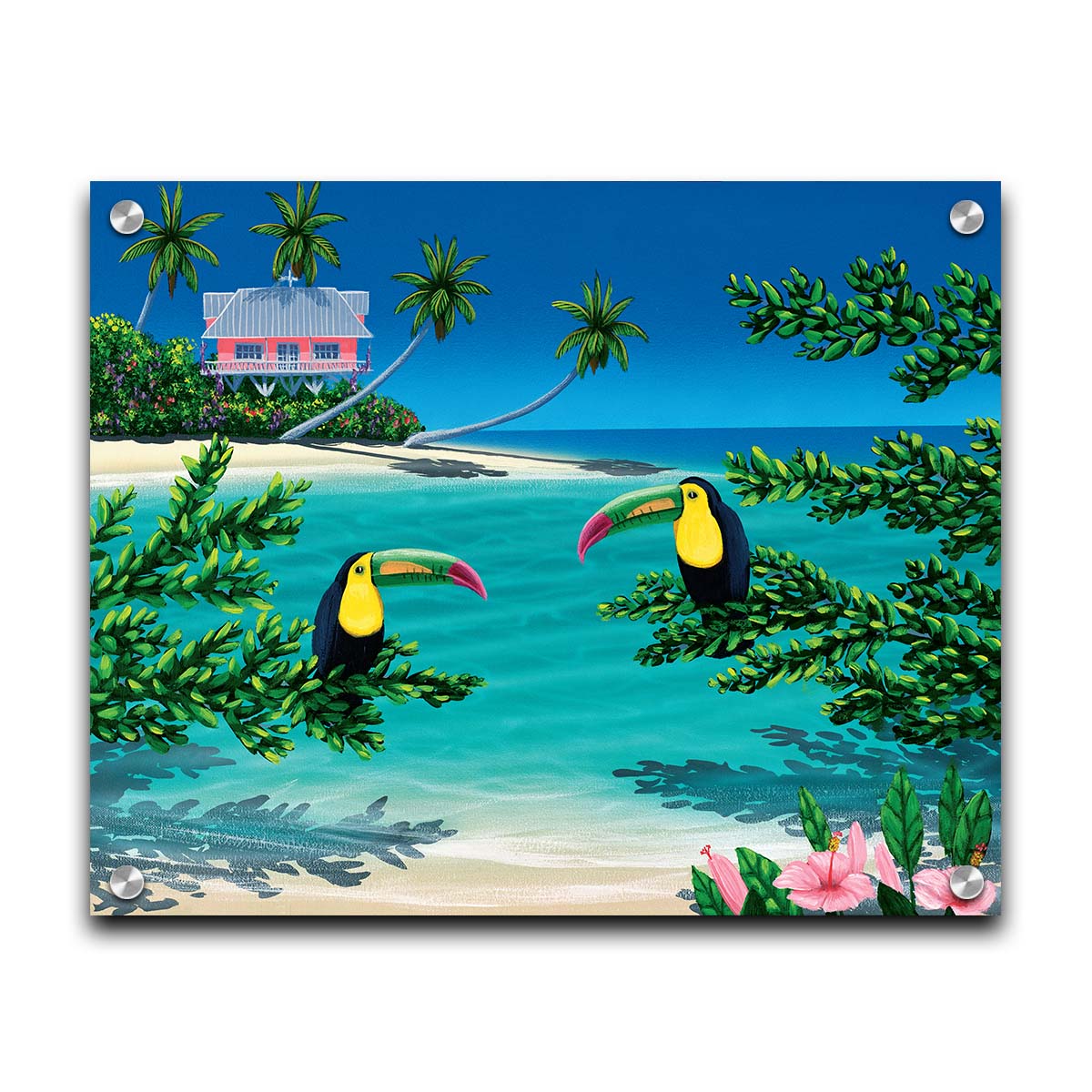 A vibrant painting of an island beach scene, featuring two toucans perched on plants in the foreground, and a bright house on stilt foundations in the background. Printed on acrylic.