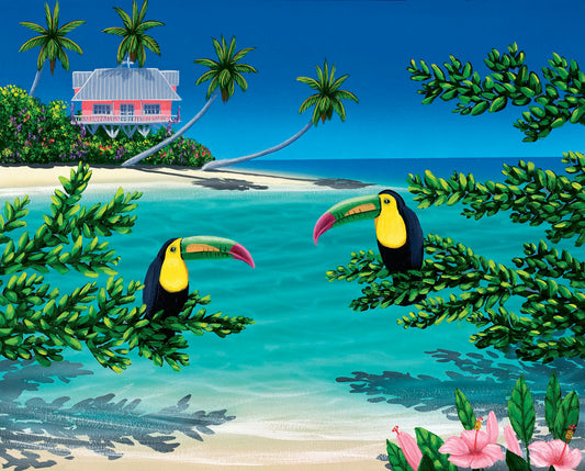 A vibrant painting of an island beach scene, featuring two toucans perched on plants in the foreground, and a bright house on stilt foundations in the background.