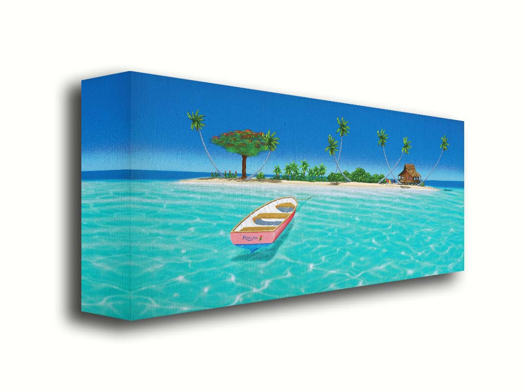 A bright, saturated painting of a pink rowboat, the "Rosita", docked at an island with a hut=style house. Printed on canvas.