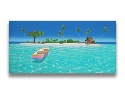 A bright, saturated painting of a pink rowboat, the "Rosita", docked at an island with a hut=style house. Printed on canvas.