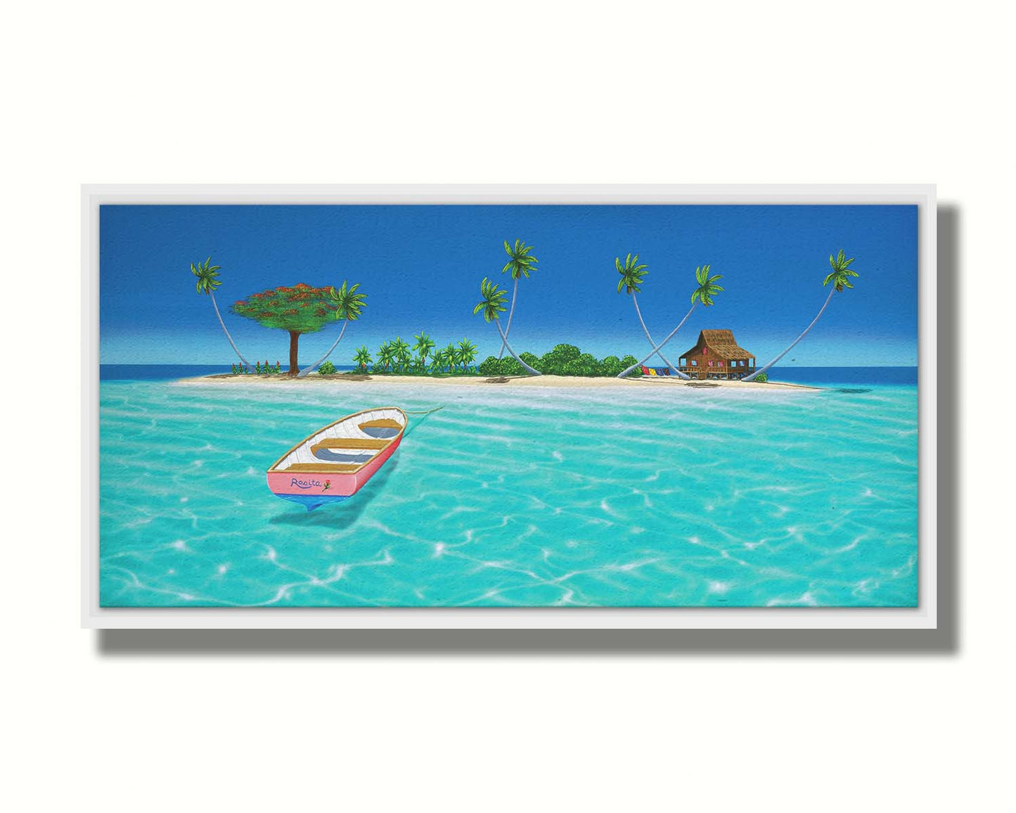 A bright, saturated painting of a pink rowboat, the "Rosita", docked at an island with a hut=style house. Printed on canvas in a float frame.