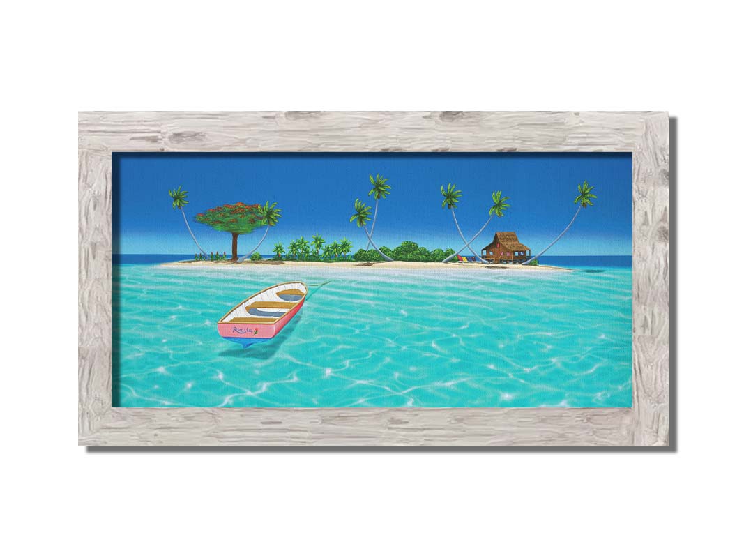 A bright, saturated painting of a pink rowboat, the "Rosita", docked at an island with a hut=style house. Printed on canvas and framed.