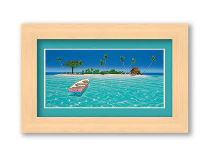 A bright, saturated painting of a pink rowboat, the "Rosita", docked at an island with a hut=style house. Printed on paper, matted, and framed.