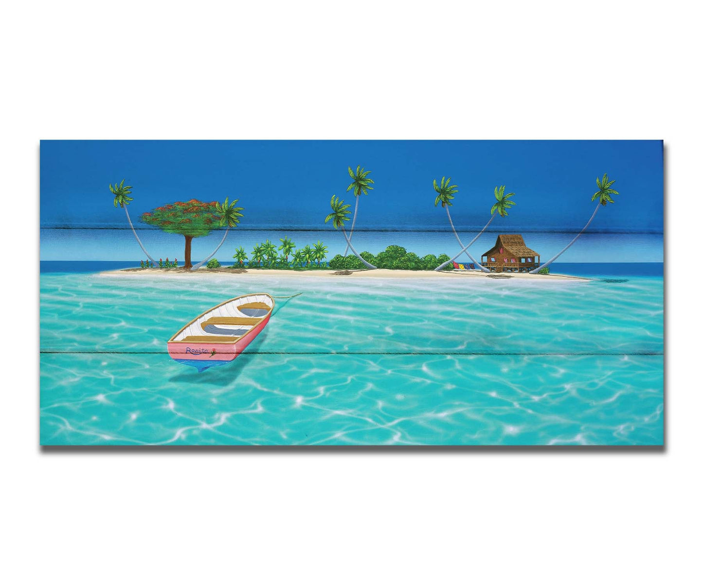 A bright, saturated painting of a pink rowboat, the "Rosita", docked at an island with a hut=style house. Printed on a box board.