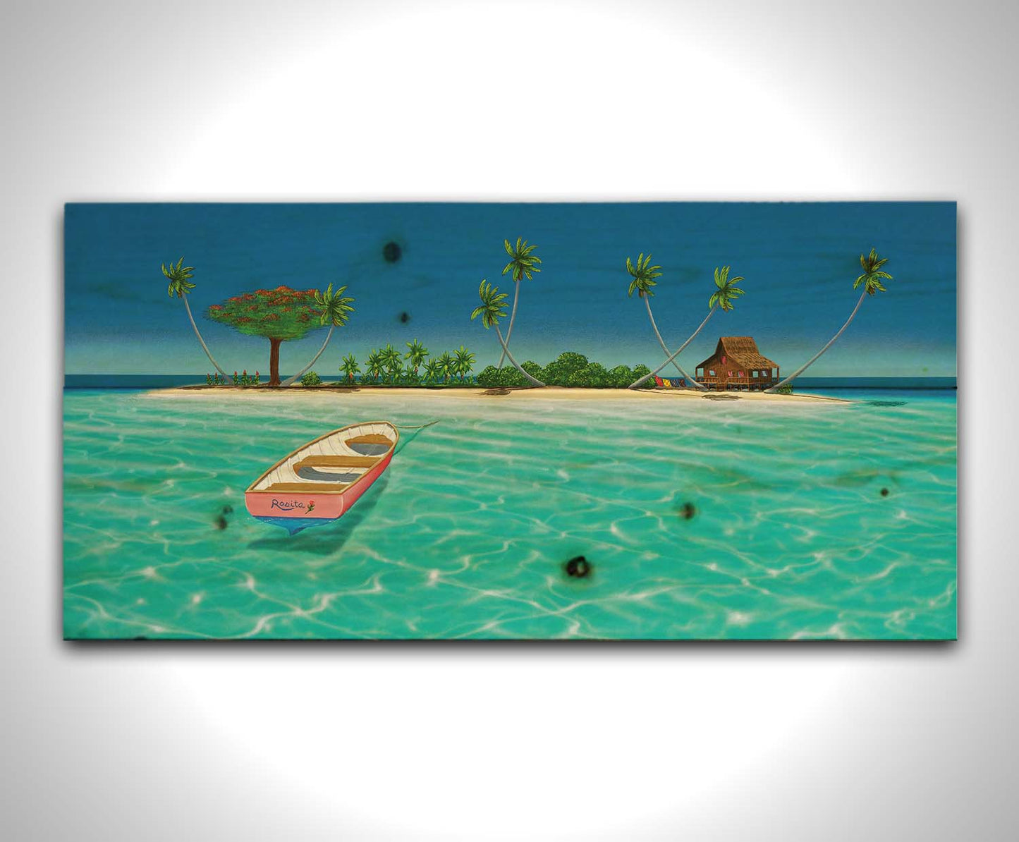 A bright, saturated painting of a pink rowboat, the "Rosita", docked at an island with a hut=style house. Printed on a wood pallet.