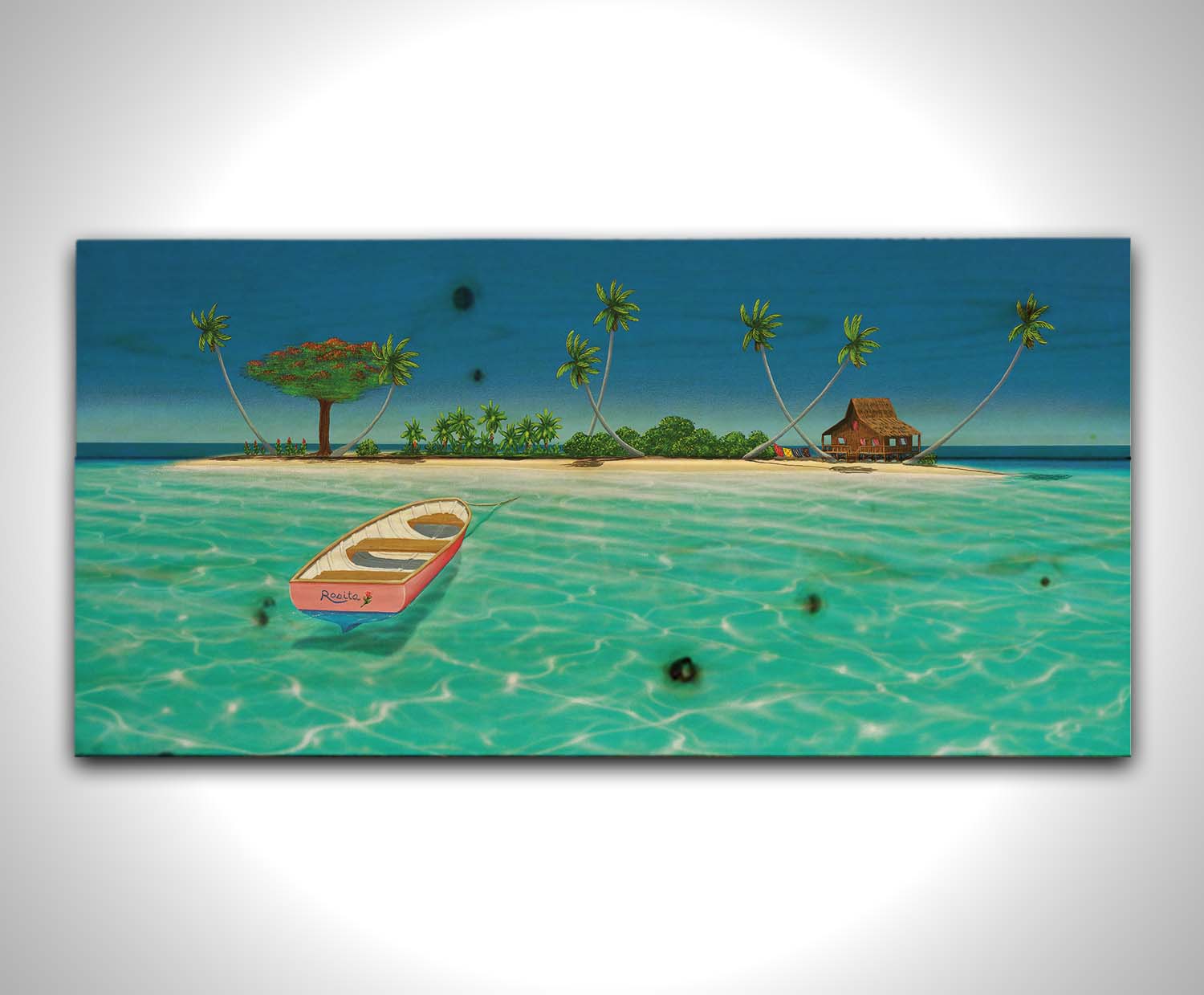 A bright, saturated painting of a pink rowboat, the "Rosita", docked at an island with a hut=style house. Printed on a wood pallet.