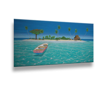 A bright, saturated painting of a pink rowboat, the "Rosita", docked at an island with a hut=style house. Printed on metal.