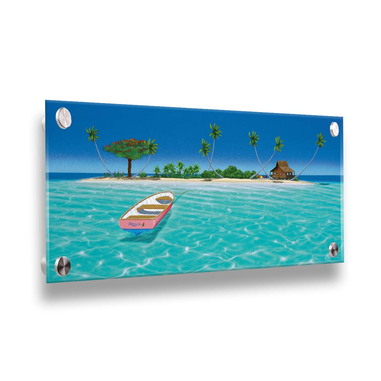 A bright, saturated painting of a pink rowboat, the "Rosita", docked at an island with a hut=style house. Printed on acrylic.