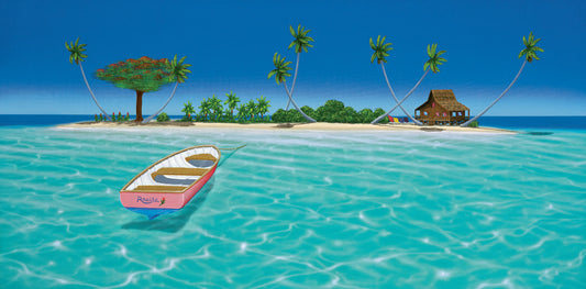 A bright, saturated painting of a pink rowboat, the "Rosita", docked at an island with a hut-style house. 