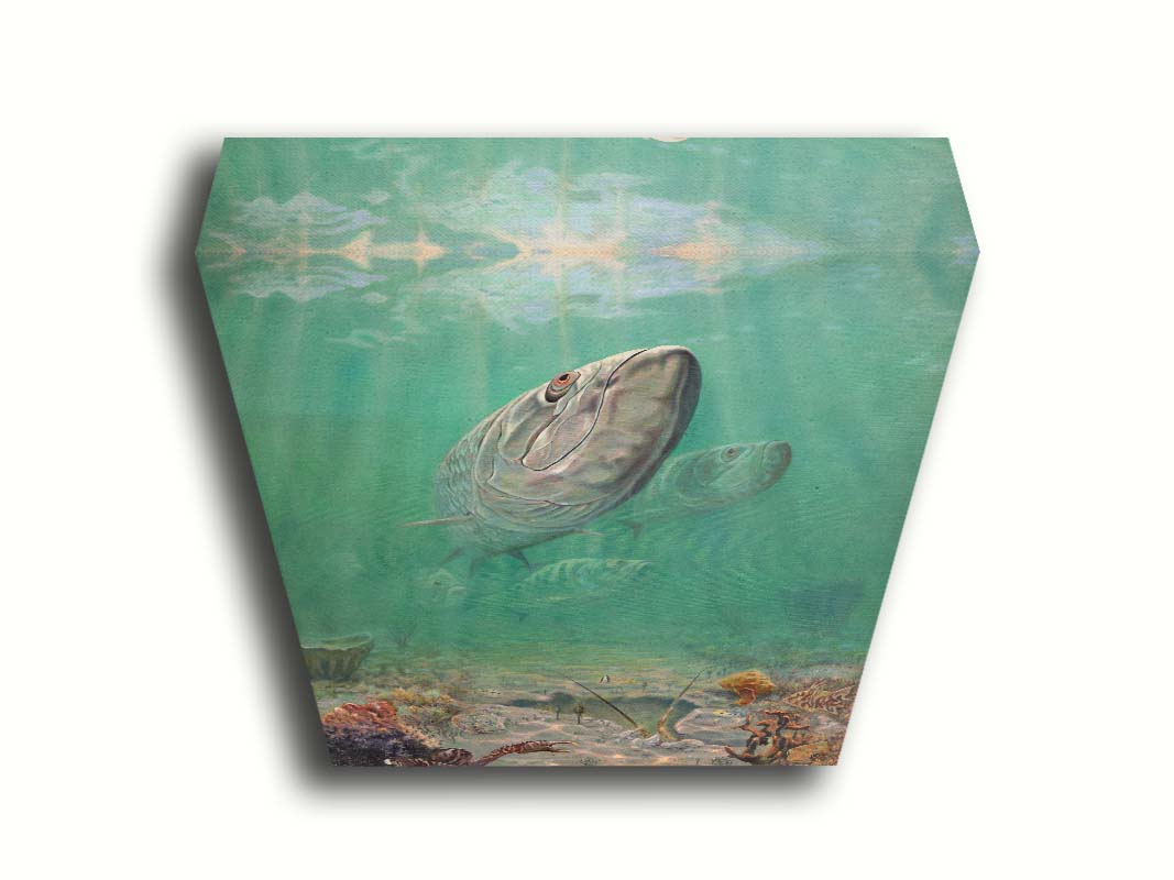 A painting of a school of tarpon swimming above a lively sea floor filled with pufferfish, crabs, lobsters, and rockfish. Beams of light penetrate the water's surface, giving the scene a dreamlike quality. Printed on canvas.