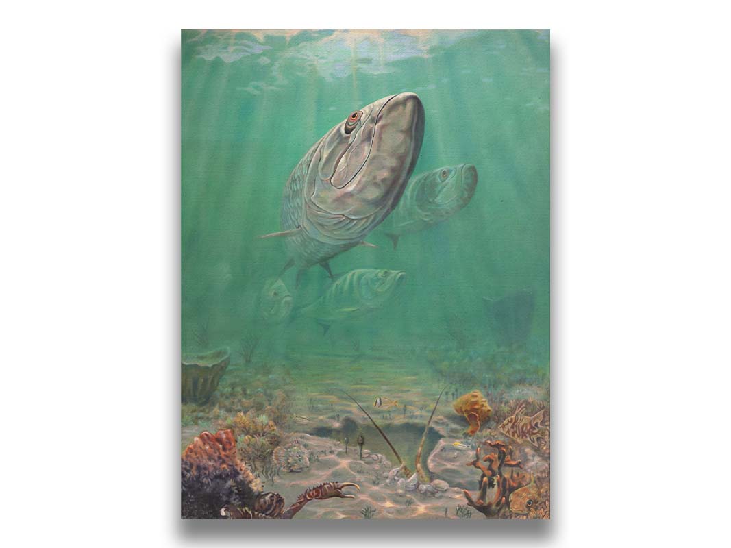 A painting of a school of tarpon swimming above a lively sea floor filled with pufferfish, crabs, lobsters, and rockfish. Beams of light penetrate the water's surface, giving the scene a dreamlike quality. Printed on canvas.