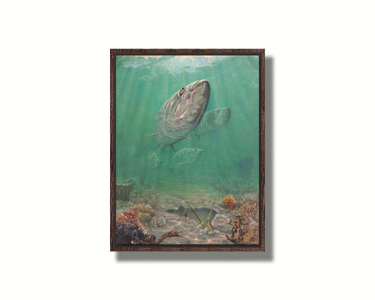 A painting of a school of tarpon swimming above a lively sea floor filled with pufferfish, crabs, lobsters, and rockfish. Beams of light penetrate the water's surface, giving the scene a dreamlike quality. Printed on canvas in a float frame.