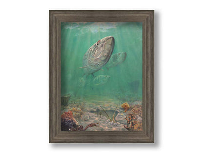 A painting of a school of tarpon swimming above a lively sea floor filled with pufferfish, crabs, lobsters, and rockfish. Beams of light penetrate the water's surface, giving the scene a dreamlike quality. Printed on canvas and framed.