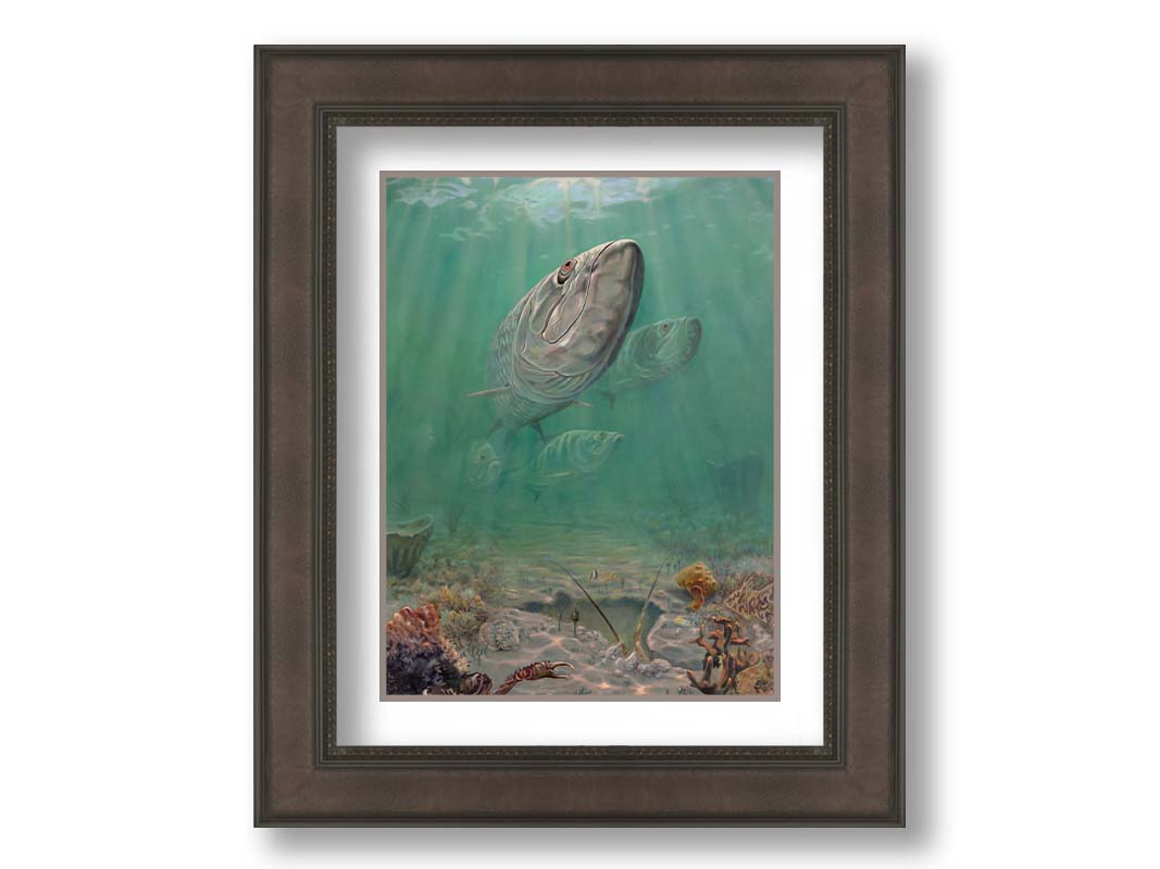 A painting of a school of tarpon swimming above a lively sea floor filled with pufferfish, crabs, lobsters, and rockfish. Beams of light penetrate the water's surface, giving the scene a dreamlike quality. Printed on paper, matted, and framed.