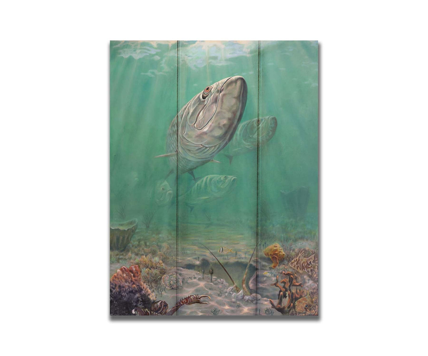 A painting of a school of tarpon swimming above a lively sea floor filled with pufferfish, crabs, lobsters, and rockfish. Beams of light penetrate the water's surface, giving the scene a dreamlike quality. Printed on a box board.