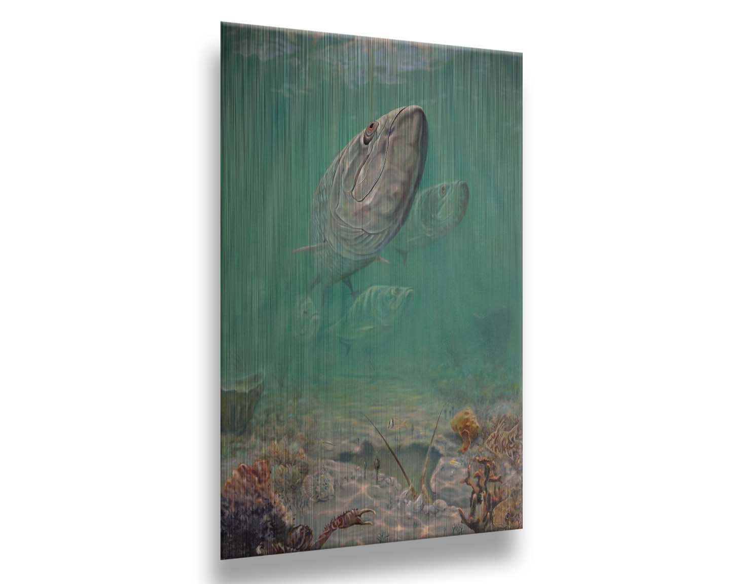 A painting of a school of tarpon swimming above a lively sea floor filled with pufferfish, crabs, lobsters, and rockfish. Beams of light penetrate the water's surface, giving the scene a dreamlike quality. Printed on metal.