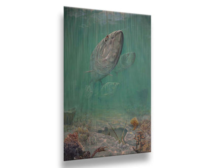 A painting of a school of tarpon swimming above a lively sea floor filled with pufferfish, crabs, lobsters, and rockfish. Beams of light penetrate the water's surface, giving the scene a dreamlike quality. Printed on metal.