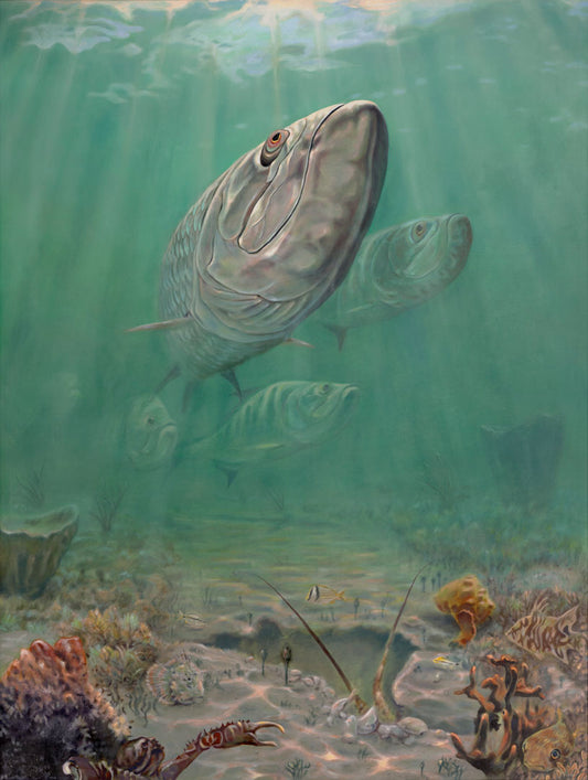 A painting of a school of tarpon swimming above a lively sea floor filled with pufferfish, crabs, lobsters, and rockfish. Beams of light penetrate the water's surface, giving the scene a dreamlike quality.