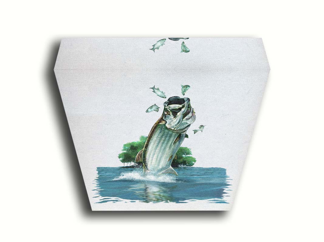 A painting of a tarpon fish leaping out of the water to catch and eat smaller fish. The fish, water's surface, and background tree are isolates against a white backdrop. Printed on canvas.