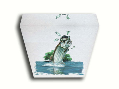 A painting of a tarpon fish leaping out of the water to catch and eat smaller fish. The fish, water's surface, and background tree are isolates against a white backdrop. Printed on canvas.