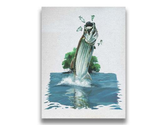 A painting of a tarpon fish leaping out of the water to catch and eat smaller fish. The fish, water's surface, and background tree are isolates against a white backdrop. Printed on canvas.