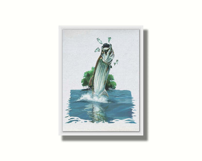 A painting of a tarpon fish leaping out of the water to catch and eat smaller fish. The fish, water's surface, and background tree are isolates against a white backdrop. Printed on canvas in a float frame.