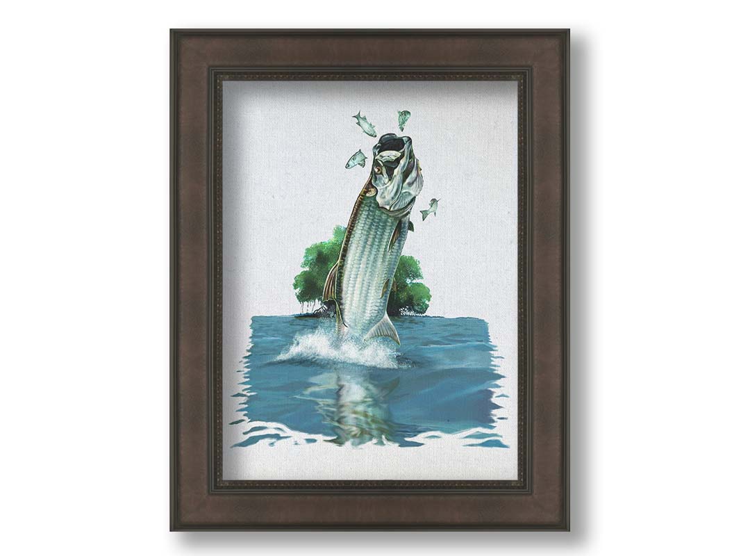 A painting of a tarpon fish leaping out of the water to catch and eat smaller fish. The fish, water's surface, and background tree are isolates against a white backdrop. Printed on canvas and framed.