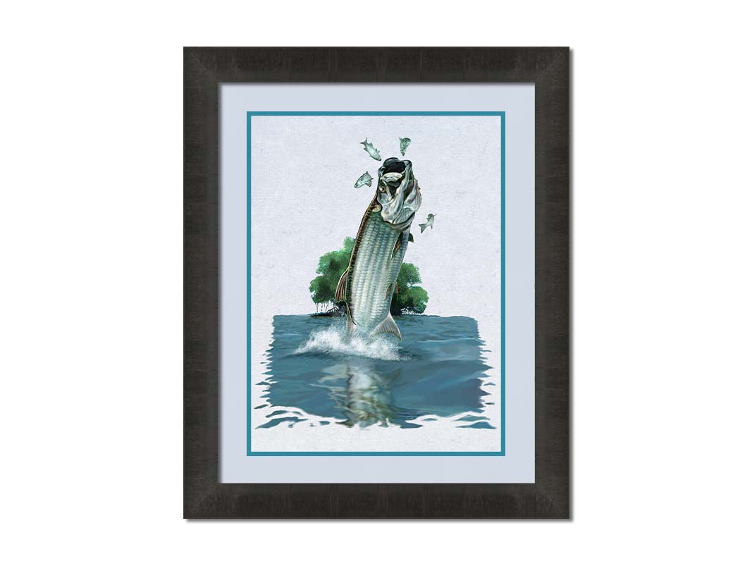 A painting of a tarpon fish leaping out of the water to catch and eat smaller fish. The fish, water's surface, and background tree are isolates against a white backdrop. Printed on paper, matted, and framed.