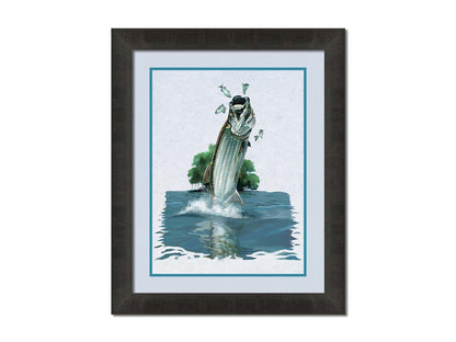 A painting of a tarpon fish leaping out of the water to catch and eat smaller fish. The fish, water's surface, and background tree are isolates against a white backdrop. Printed on paper, matted, and framed.