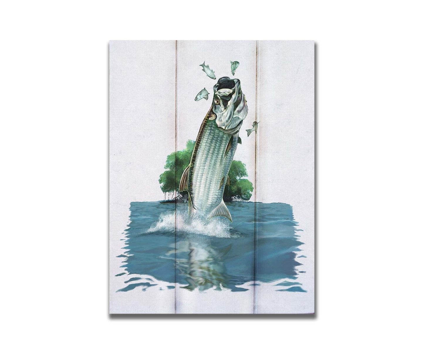 A painting of a tarpon fish leaping out of the water to catch and eat smaller fish. The fish, water's surface, and background tree are isolates against a white backdrop. Printed on a box board.