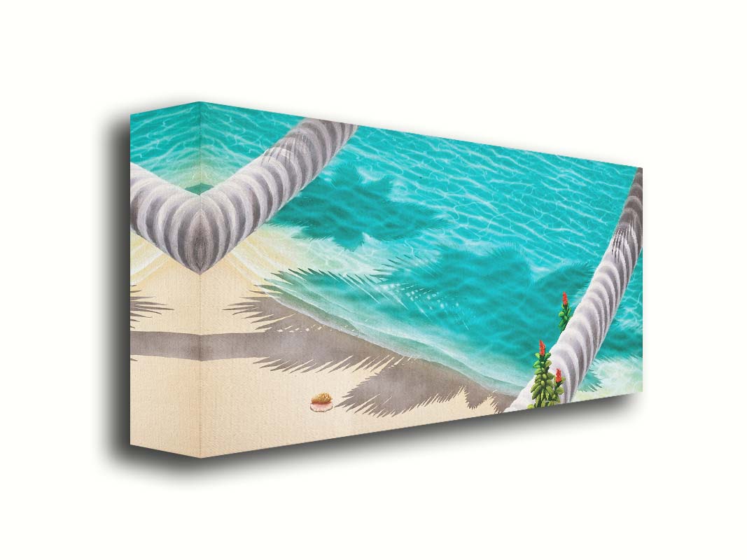 A painting of a white sand beach with growing palm trees and a singular conch shell. Printed on canvas.