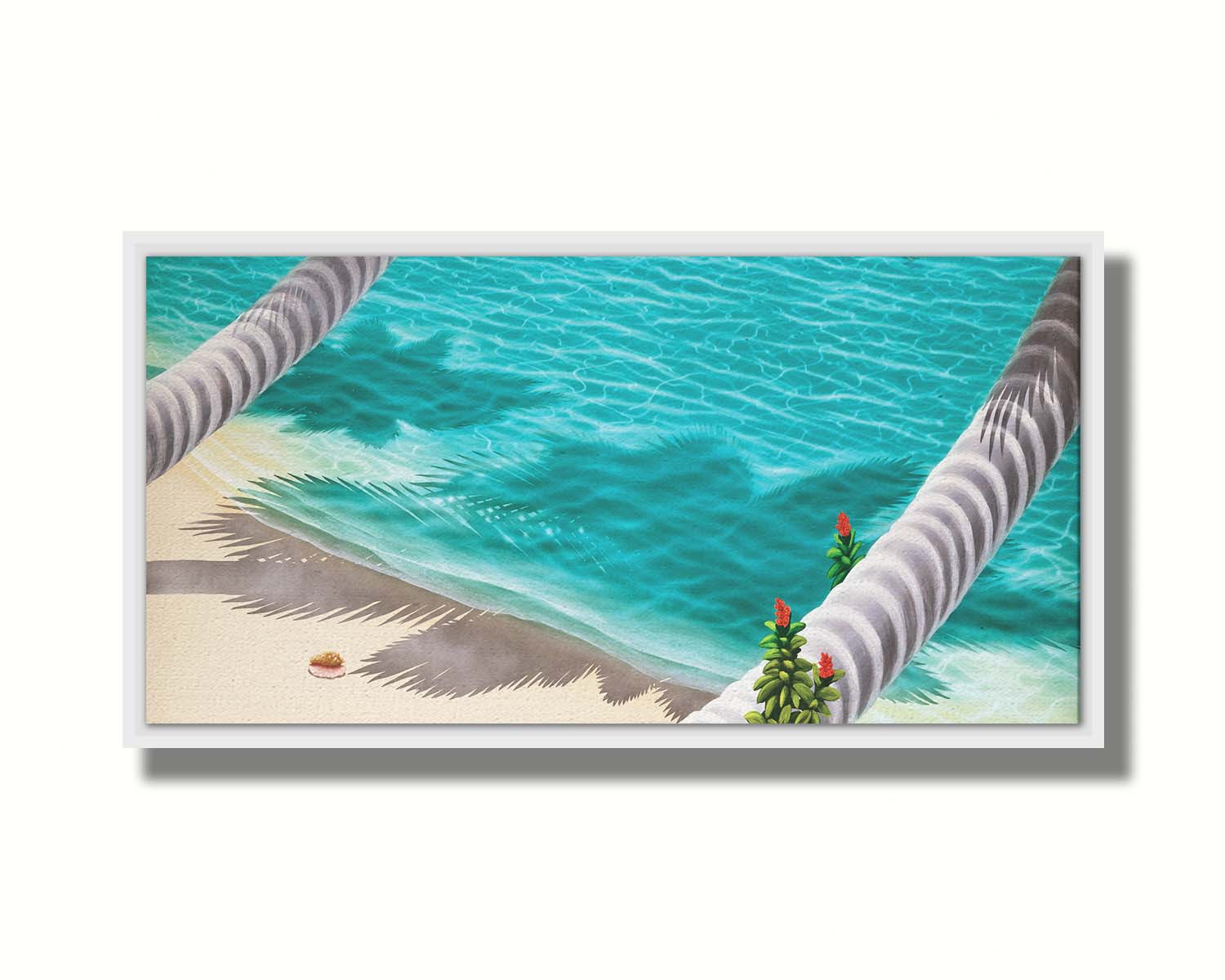 A painting of a white sand beach with growing palm trees and a singular conch shell. Printed on canvas in a float frame.